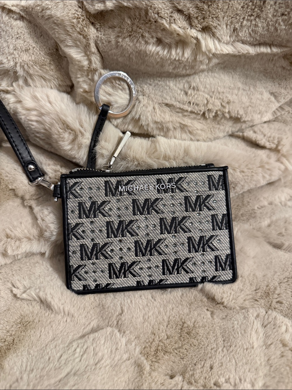 Michael Kors Black and Beige MK Logo Card Case Wristlet